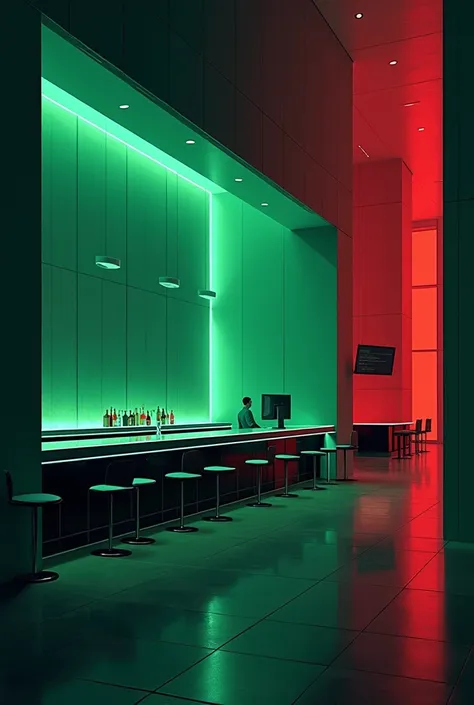 Illustration minimalist dun casino de Las Vegas, interior, salle bar,  green and red cyberpunk style bar room, semi-realistic, architecture modern