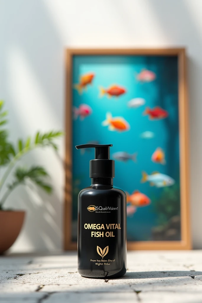 a 100 ml bottle in black with click cap is on stone with background white with of color ful fish  realistic picture in frame and their is wrtten on bottle lable Omega Vital Fish Oil as heading and As Sub heading their is written From The Beds Of Mighty Ind...