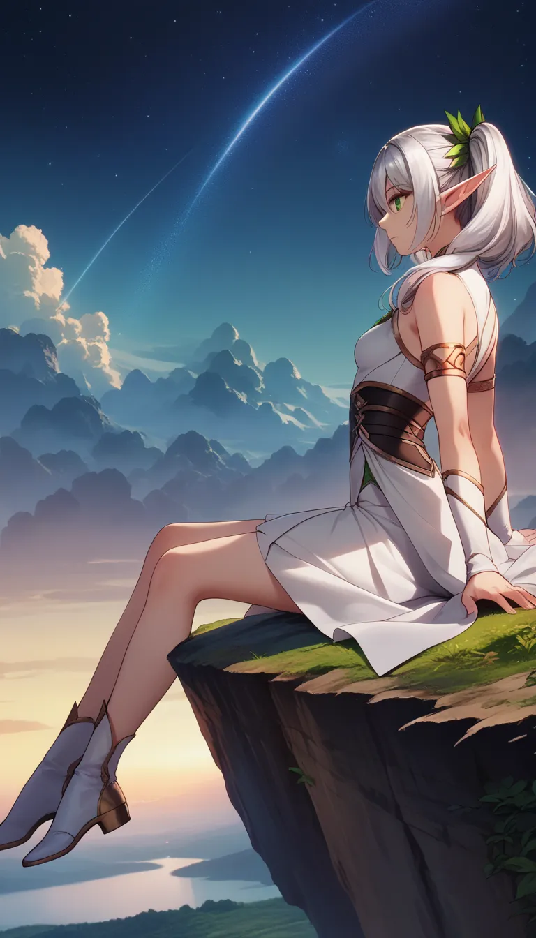 (((twintail silver-haired elf girl sitting on the edge of a cliff 1.9))), beautiful glossy hair ,white clothing, sit on the edge...