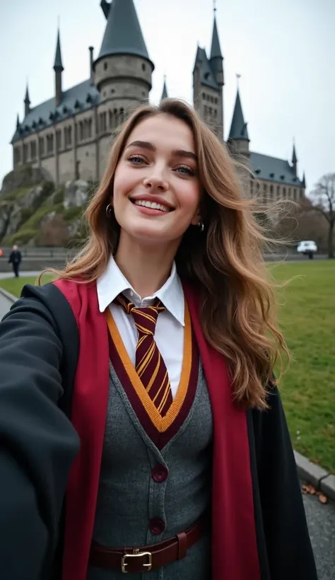 In VOGUE: Hogwarts Selfie edition, the model captures her enchanting look in a fitted Hogwarts robe that flatters her hourglass figure, paired with a crisp white blouse and a stylish tie. Shot from a selfie camera perspective, she tilts her head with a pla...