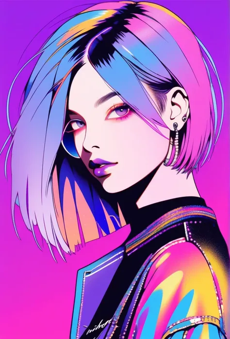 (( illustrator )),  STYLISH, sketch,  1 girl, Rockstar,  shiny lips , Jersey wear, order, very modern  STYLISH asymmetry hair,  purple  (( gradient )) background, Neon Hair,  textured crop , (masterpiece,  best quality),  portrait, (( Dynamic Angle)), clos...