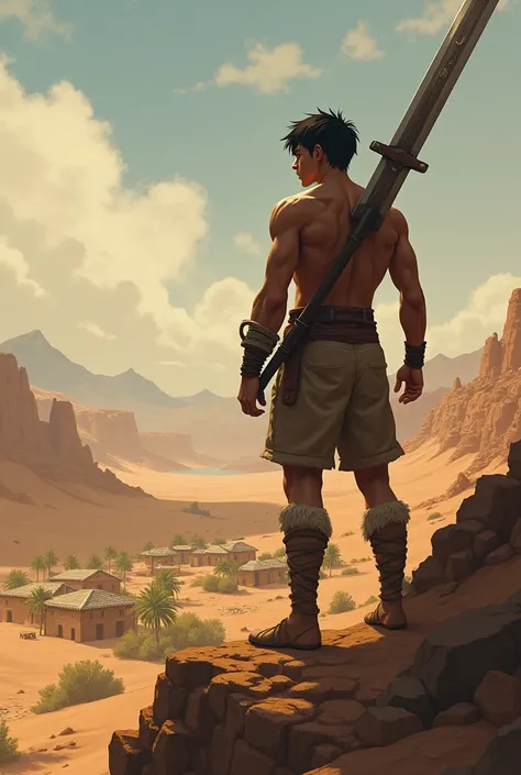 A strong teenager muscular boy standing on a desert hill looking down on to a little village holding a Gigantic  Sword on his back Wearing a clothes like trunks 