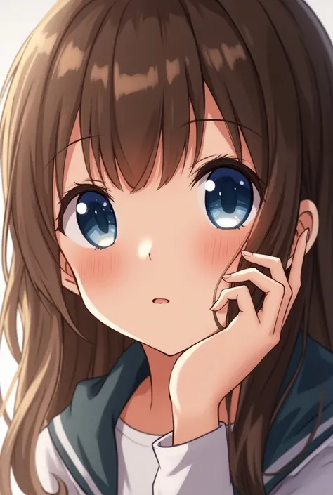 A hot anime girl with brown hair, blue eyes and beige bangs.