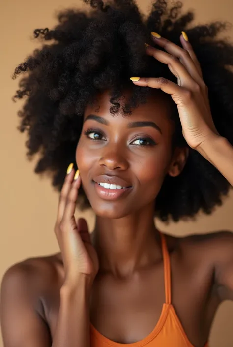 Afro woman, focused on the application of styling cream, in her hair 