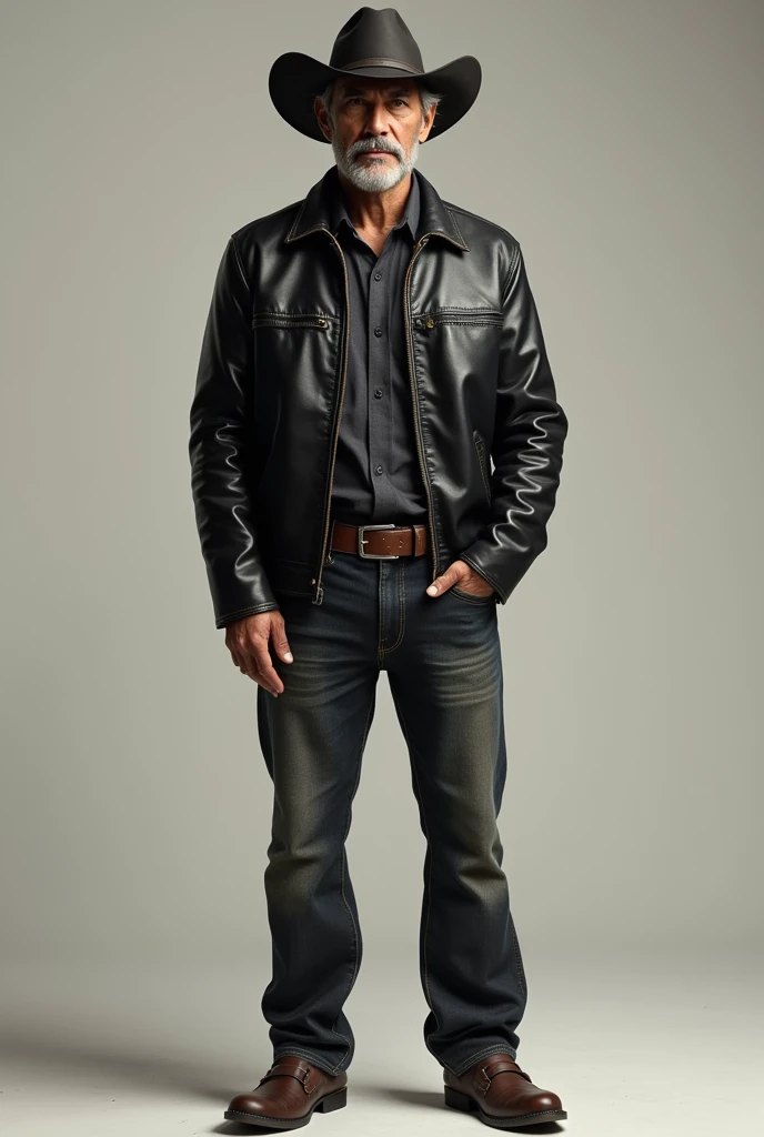 Indonesian men,35 years old, Short Hair Cowboy Hat  , Jacketed Leather Black Jeans Shoes Booths Strapping Body Contains Standing Facing Camera Realistic Focus
