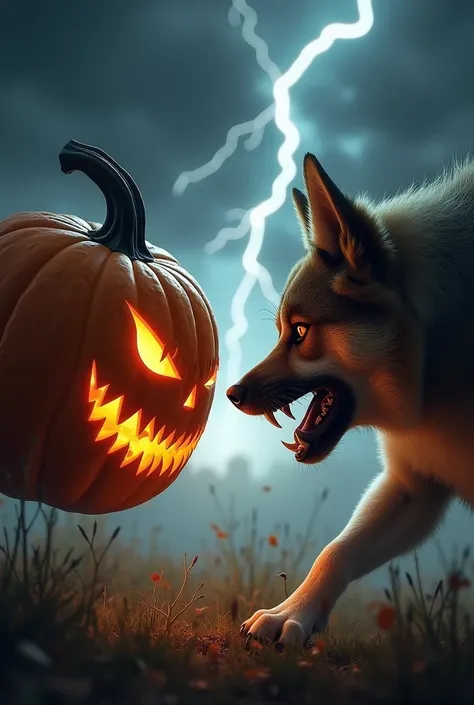 A vivid scene featuring a menacing pumpkin with sharp, angry eyes and a jagged mouth, positioned directly opposite a fierce, snarling dog with fur bristling and teeth bared. Both are locked in a tense standoff, their hostile energy palpable. The background...