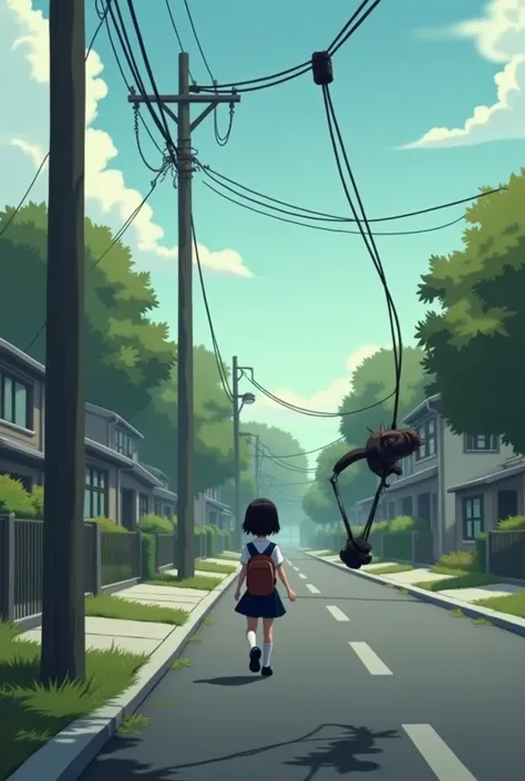  I want an animated image for elementary school ren according to this story : A GIRL GOING TO SCHOOL IS ELECTROCUTED BY A BLACK CABLE HANGING FROM AN ELECTRICAL POLE