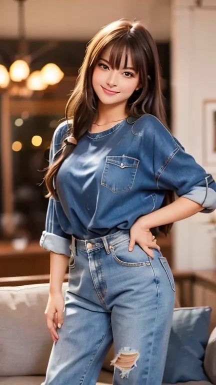 a beautiful 18 years old girl wearing oversized shirt and baggy jeans, standing in living room, shes rich girl, expensive sofa, elegant, shes smiling, shes so cool, shes cute and gorgeous, her body is so athletic and slim, she has smiling eyes, chubby chee...