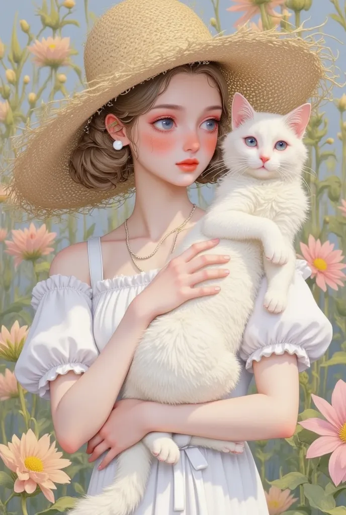 colored pencil sketch，pastel art，watercolor：close-up of a beautiful girl holding a white cat