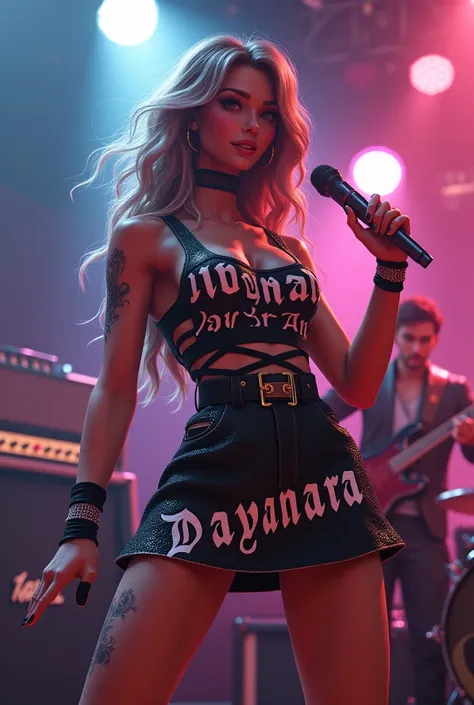 Create a 3D girl was sing in the band and with name in her rock dress that name print is Dayanara