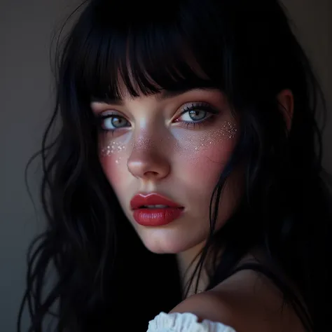   A beautiful young European woman of unrealistic beauty with soft European features  .,  long jet black hair with bangs , pale white skin,  thick red lips ,   long eyelashes   y rasgos faciales detallados., Hermosos grey eyes labios detallados, grey eyes ...