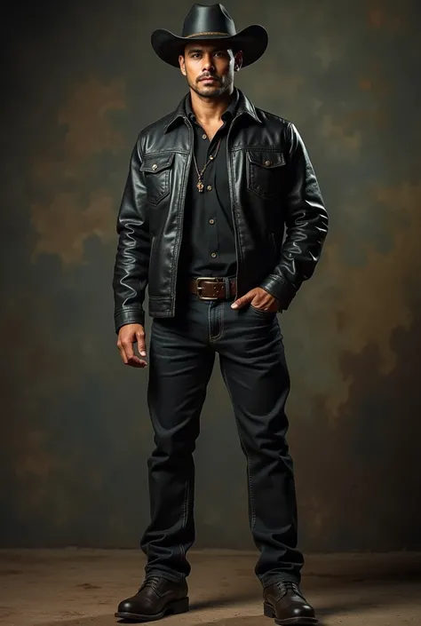 Indonesian men, 30 years old , Short Hair Cowboy Hat  , Jacketed Leather Black Jeans Shoes Booths Strapping Body Contains Standing Facing Camera Realistic Focus
