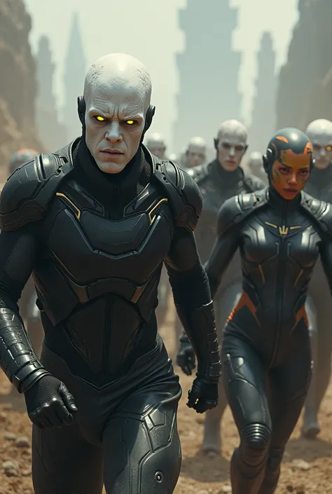 a army of superhumans with pale white skin, yellow eyes and black advance suits fighting a army of superhumans with multicolored skin and altered appearnces and wearing military uniforms 