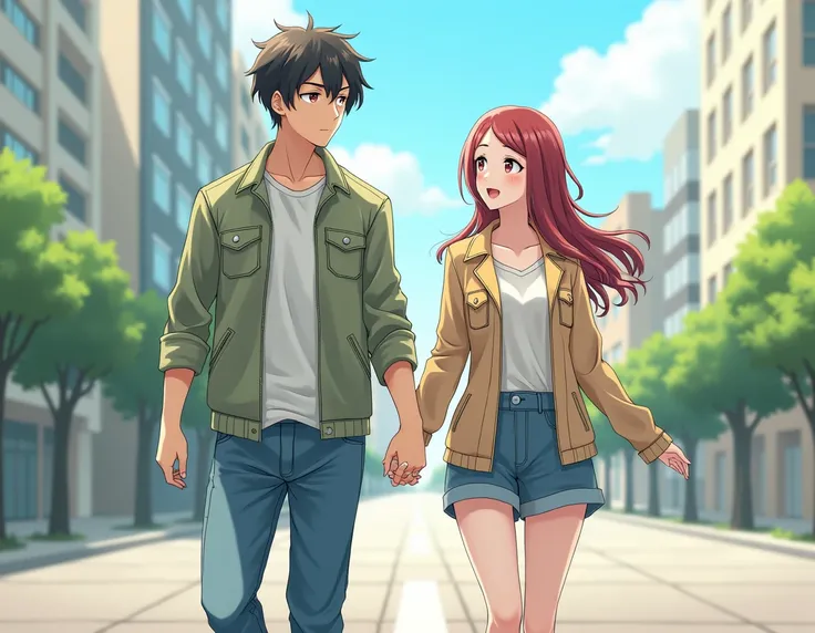  Front view of a man walking, Woman looking at the front and walking ,  Japanese anime character , 8 heads tall,  jeans, Jacket, Walking hand in hand 