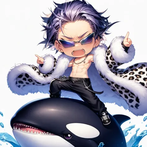 Black pants, boy, anime character, muscular muscles, white fur and white leopard print coat, chibi character, all back, purple hair, big piercing eyes, pointy sunglasses, riding a killer whale. Highly detailed CG Unity 8k wallpaper,