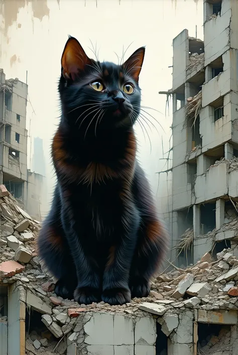 A black cat bigger than a building、 cute、Grooming、 collapsed buildings at the cats feet 、Round-eyed cat 、Realistic images