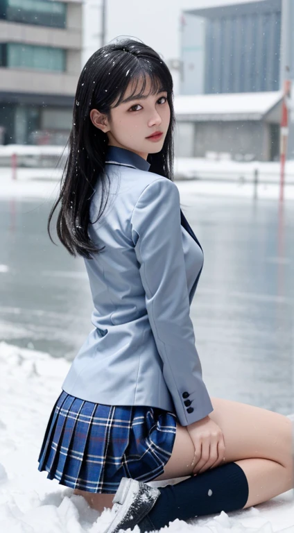 (highest qualthaty,  table top : 1.1), (Realistic: 1.3), (photoRealistic: 1.3), wallpaper, break (((FF7,Tifa_ Lockhart ))),(((thick, loose knthat scarf))),((( Japanese High School Girl Uniform ,Navy Blue Blazer, Long Sleeve , Navy Blue Plaid Pleated Mini S...