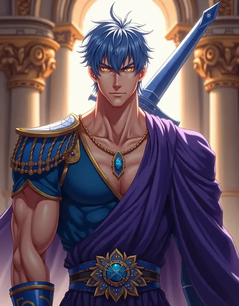 The Reincarnation of Constantine the Great 。 Anime Characters。Elegant men, 20th Generation,  mature man,Metallic blue hair。, Short straight hair,  neck-length hair , Golden Eyes, Tall。Pompidou々。Blue tunic, purple toga with intricate gold thread embroidery ...