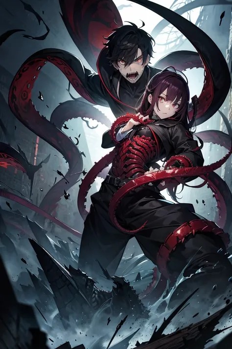   The background emphasizes crazy elements with swirling tentacles 、 battle scene .Giant Monsters ,whole body,  fighting for dominance  : dr.  Jekyll shows a conflict between reason and instinct 、Mister . Hyde  , Within . is。 artistic elements add depth to...