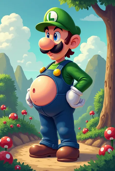 Dessine Luigi dans mario, avec les graphismes de mario, enceinte et pieds nus, les fesses à l’air, le regard coquin et sensuel