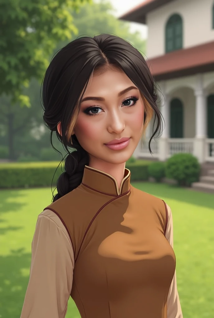 Sixteen-year-old vietnamese girl wearing plain brown aodai,smooth plump face, hair braid,smile at the camera, in the lawn of saigon colonial house, smiling at camera