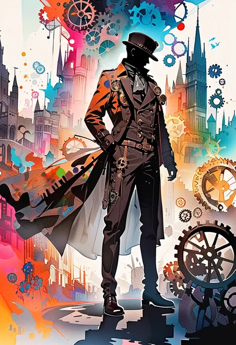 (masterpiece, best quality),(multiple exposure silhouette: 1.2),
watercolor print collage depicting,boy wearing steampunk outfit,he is standing in the city,he is surround by many gears symbols,splash color, collage art, contemporary art,