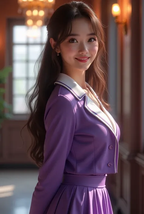 woman in hot schoolgirl uniform, beautiful, facing forward, smile beautiful, korean-western face, similar to the Karina Aesoa, standing with sensual position, uniform purple and white, long hair brown