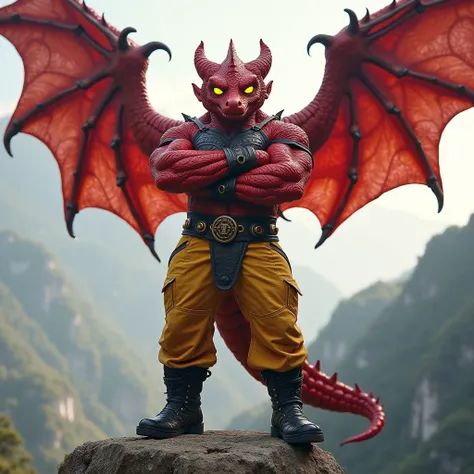  A huge red muscular winged crocodile furry jock with yellow glowing eyes without pupils in black metal bracelets, wearing black boots , wearing yellow jeans with arms crossed over his chest, he stands on top of a cliff against the background of mountains 