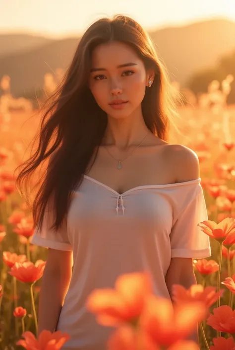 In this vivid scene, we depict a Korean long-haired girl donning a summery long T-shirt, showcasing her slender, fair legs. Her bust is ample, nearly bursting the seams of her T-shirt, with the neckline slipping down to reveal her alluring shoulders and de...