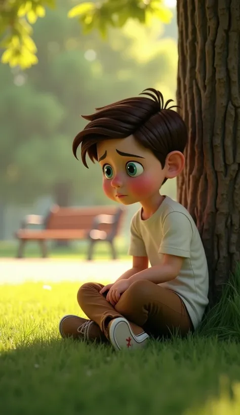 Create a 3D realistic image with 9:16 aspect ratio depicting A young boy sitting under a tree in a park. He has a distressed expression, with large, teary blue eyes and a slightly reddened nose. His brown hair is neatly styled, and he is wearing a simple w...