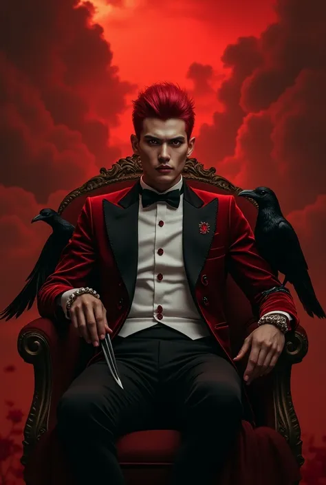 Hensom vampire malay guy holding a small knife and with red and white texido with red hair sitting and crow sitting on chair with red cloudy weather and with Two pretty vampire girl asistant beside left and right beside the chair.