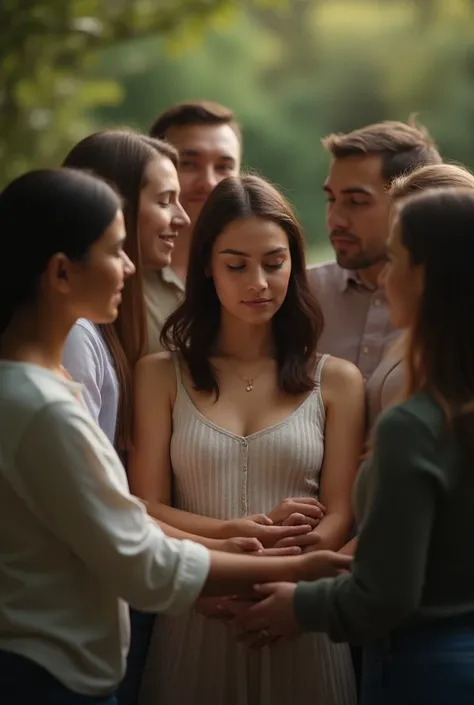 Take a picture of an 18-year-old woman standing in the middle and 8 couples in love standing next to each other