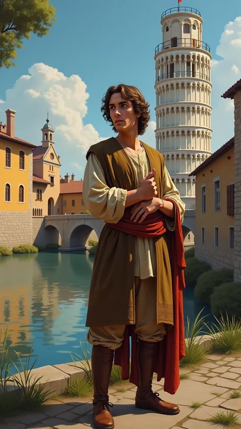 "A realistic illustration of a young Galileo Galilei in Renaissance Pisa, Italy. He stands near the Arno River, with the leaning tower of Pisa visible in the background. Galileo wears simple Renaissance clothing, looking thoughtful and curious, reflecting ...