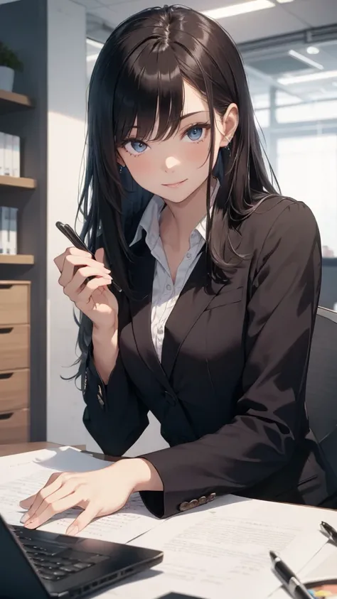 masterpiece, best quality, highly detailed, 1girl, OL, sitting at desk, holding compact mirror, intently looking at compact, admiring herself, narcissistic expression, self-assured expression, confident smile, “I’m right, I’m beautiful” expression, oblivio...