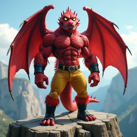  A huge red muscular winged crocodile furry jock with yellow glowing eyes without pupils in black metal bracelets, wearing black boots , wearing yellow jeans, he stands on top of a cliff against the backdrop of mountains 