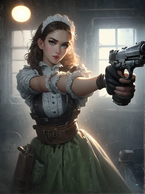 Realistic portraits of Soviet maids in an old photo studio, Maid costume, Holding a gun，Aim at you，dark light, heavy atmosphere, Pastel colors of skirts, Light skin face, Rembrandt Light, Andrea Kowch Style，bruce munro style , Character concept design, 