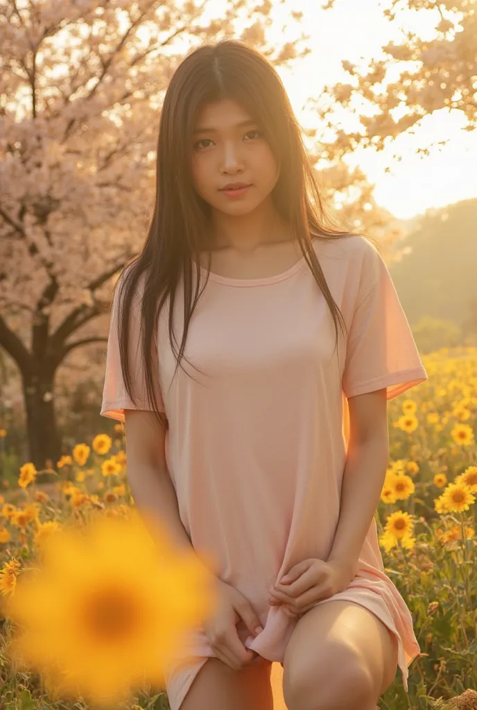 in this vivid scene, we depict a korean long-haired girl donning a summery long t-shirt, showcasing her slender, fair legs. her ...