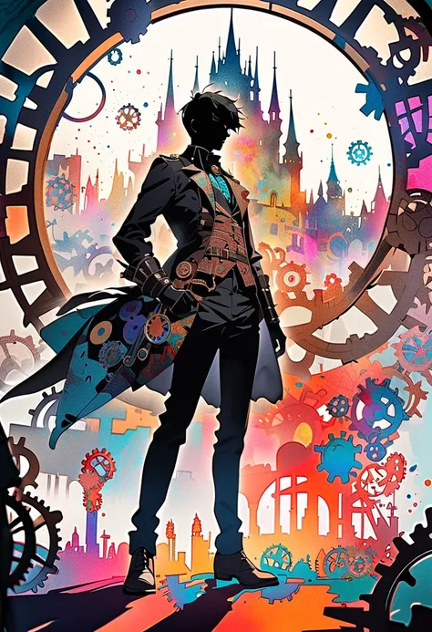 (masterpiece, best quality),(multiple exposure silhouette: 1.2),
watercolor print collage depicting,boy wearing steampunk outfit,he is standing in the tower,he is surround by many gears symbols,splash color, collage art, contemporary art,