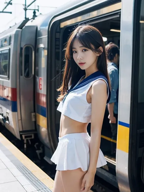 Pretty girl in sailor suit、 fueled by the wind when a rapid train passes through the platform of a Japanese train station、Her miniskirt is flipped up、Small white panties made of low-rise fabric 、Surprised girls face