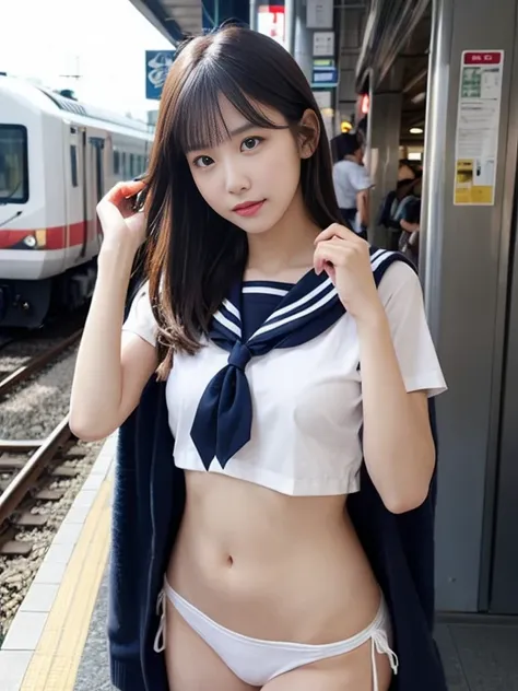 Pretty girl in sailor suit、 fueled by the wind when a rapid train passes through the platform of a Japanese train station、Her miniskirt is flipped up、Small white panties made of low-rise fabric 、Surprised girls face