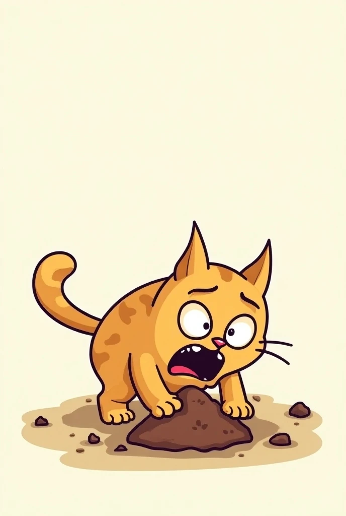  cat burying its feces with the face of someone who was taken by surprise, cartoon illustration style 