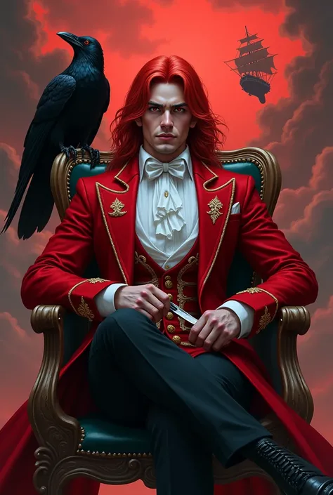 Hensom vampire malay guy holding a small knife and with red and white texido with red hair sitting and crow sitting on chair with red cloudy weather and flaying ship in sky