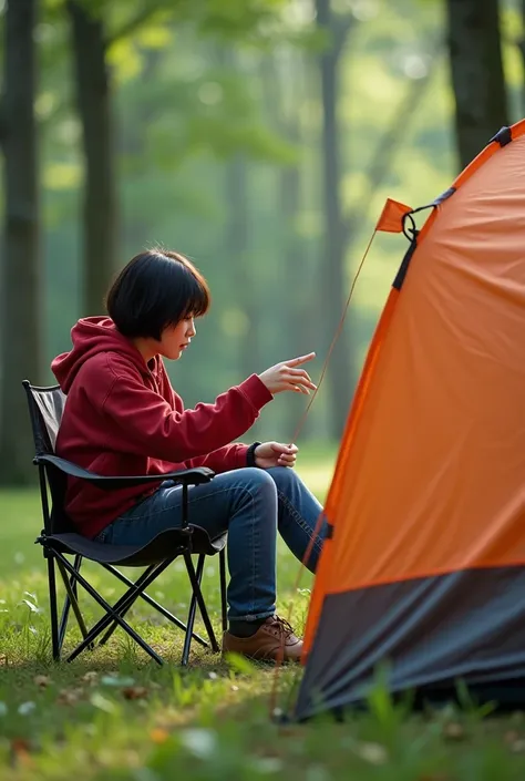 Canon eos photography, Masterpiece, 8k.uhd., korean young woman, ( perfect finger),short hair, wearing red Hoodie, denim, sitting on a camping chair, pitching a tent in the forest 