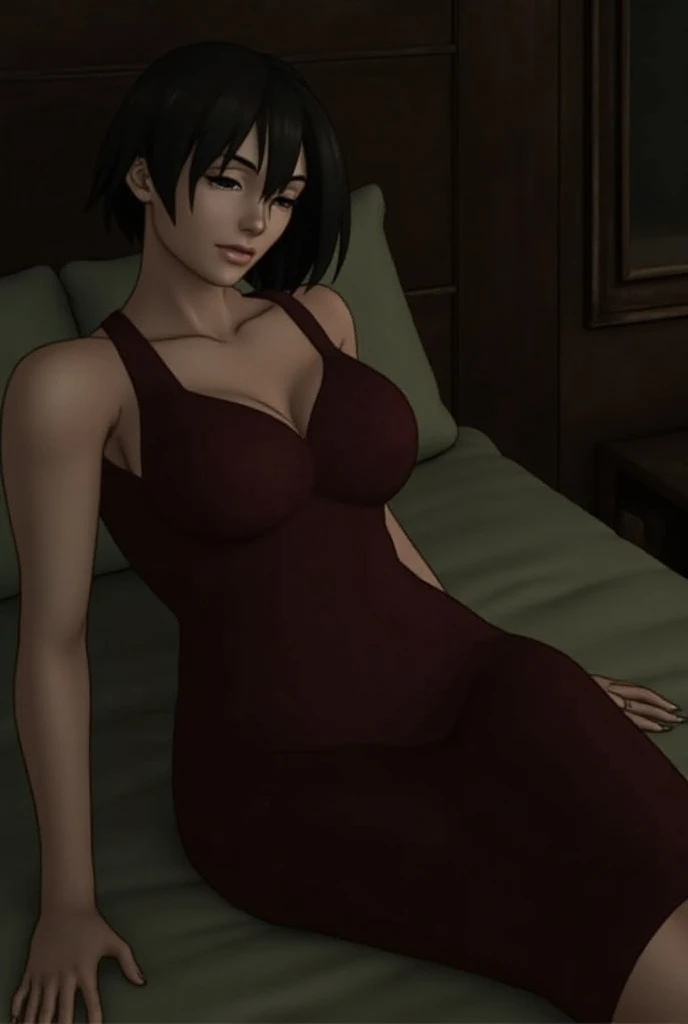 Ada Wong has sex with Albert Wesker on a bed.