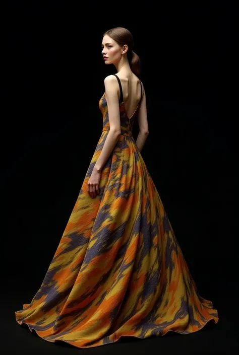 Gorgeous model in a dress indpired by the artistic style of Vincent Van Gogh with a black background 