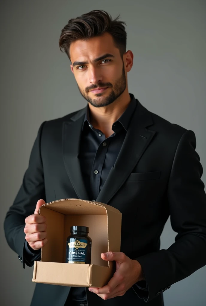 I wanna creat a photo of  a Handsome Man of age 29 in  black suite unboxing a box of Omega Vital Fish oil dropper  bottle on oil bottle there is written Omega Vital Fish Oil on bottle which is shown clearly and shine lable also have fish logo is shown with...