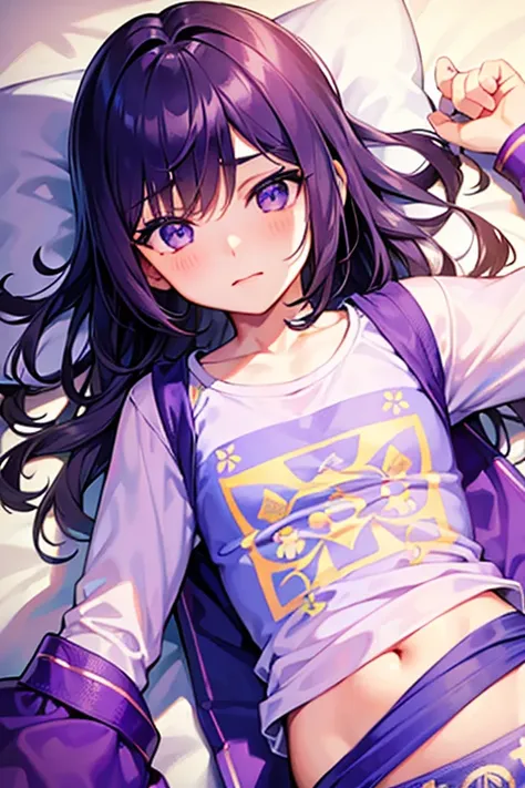 boy wearing violet floral t-shirt and loincloth, ((beautiful detail eyes)), (teen), ((best quality))