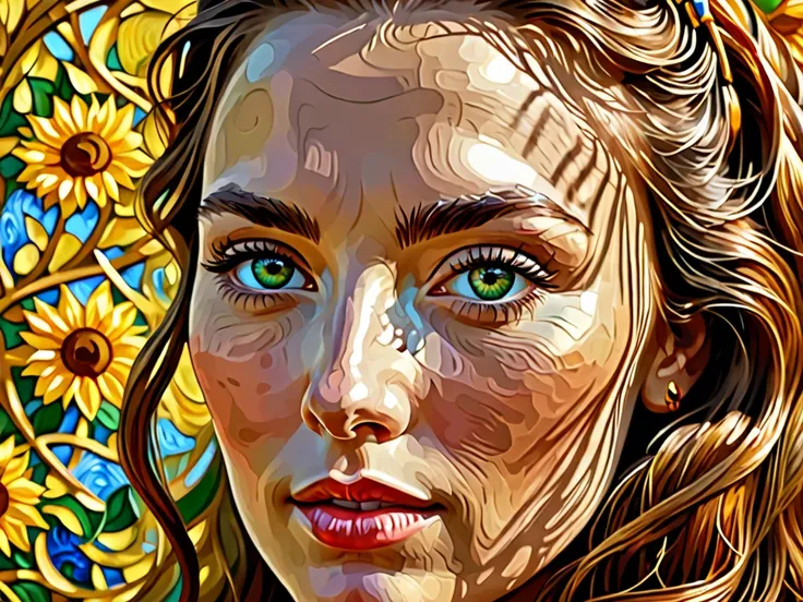 Van Gogh style. A beautiful womans face looking at me, ultra-realistic, stylized, highest resolution, best quality, extremely sharp focus, Celtic.