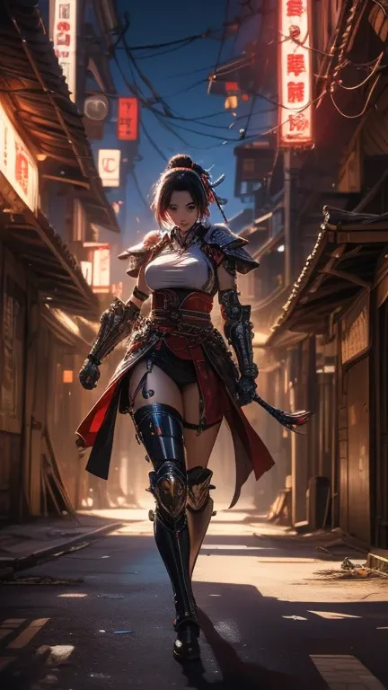 Sexy cyborg girl, big breasts in a cyberpunk city alley at night, Cyber ​​samurai, cool action pose, high detail, reflective armor, shadows showing the details of wires and body mechanisms, action sci-fi movie poster tone.