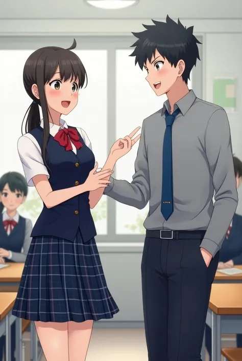 In the classroom at school wearing a uniform
Illustration of a man and woman talking happily
Uniforms for girls are dark blue vests and red ribbons on shirts
plaid skirt
Boys have blue neckties
Gray shirt and pants
Please